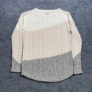 LL Bean Signature Womens Medium Cable Knit Colorblock Cotton Sweater Cream Grey